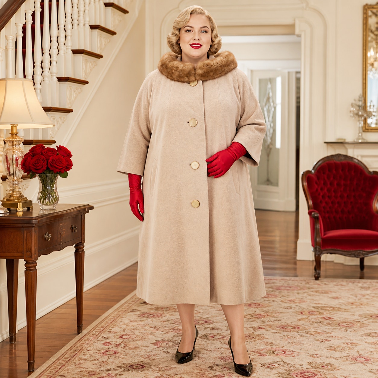 60s Camel Cashmere Coat With Fur Collar, 3/4 Sleeve, Satin Lined - Xxl